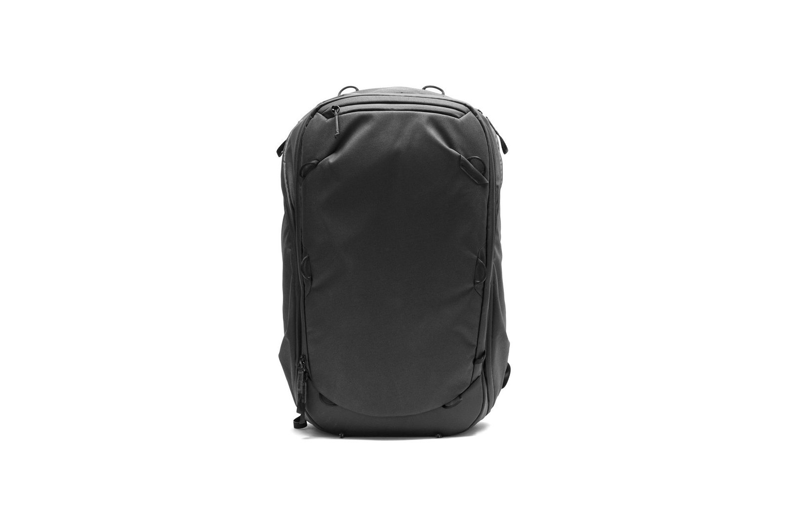 Peak Design Travel Backpack 45L in black, front studio view of the weatherproof recycled-nylon shell