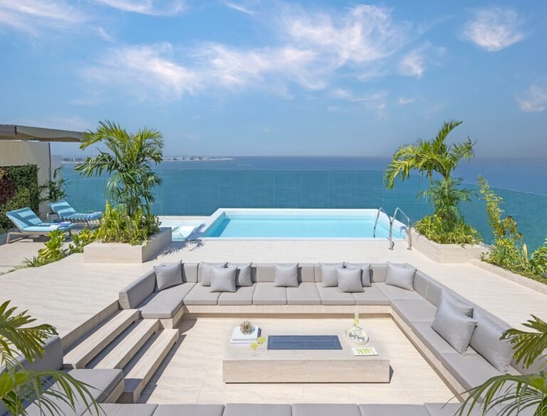 Rooftop terrace with private plunge pool and Arabian Gulf views at the Presidential Suite, Mandarin Oriental Jumeira, Dubai