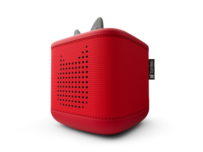 Red Toniebox 2 shown at a three-quarter angle with its soft play ears on top