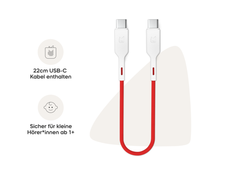 The included 22 cm red-and-white USB-C charging cable supplied with the Toniebox 2