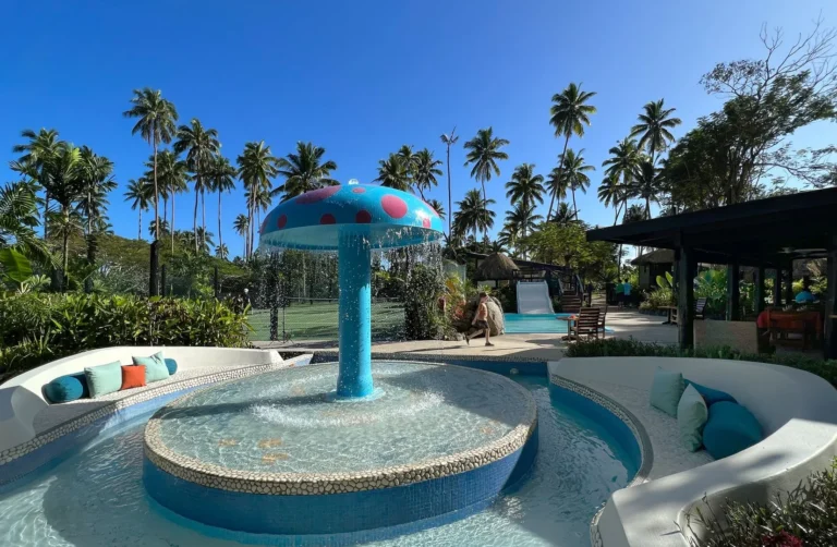 Children's swimming pool with a mushroom-shaped water feature at the Kids Bula Club, Jean-Michel Cousteau Resort Fiji