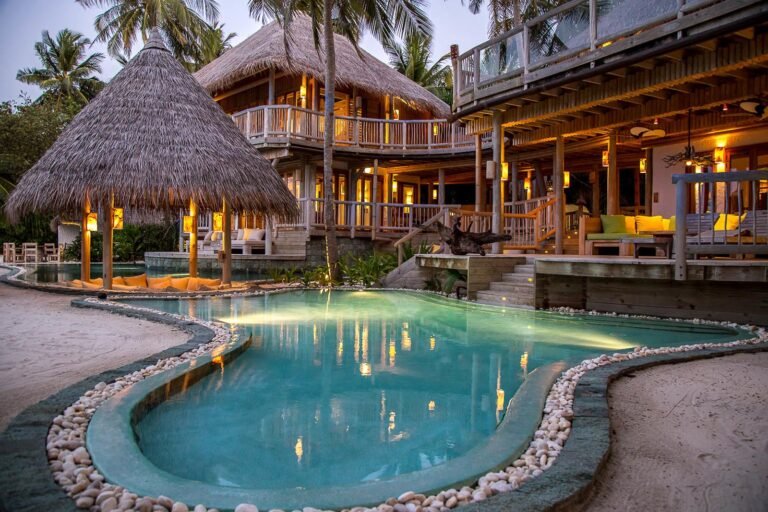 Jungle Reserve four-bedroom villa beachside exterior at Soneva Fushi