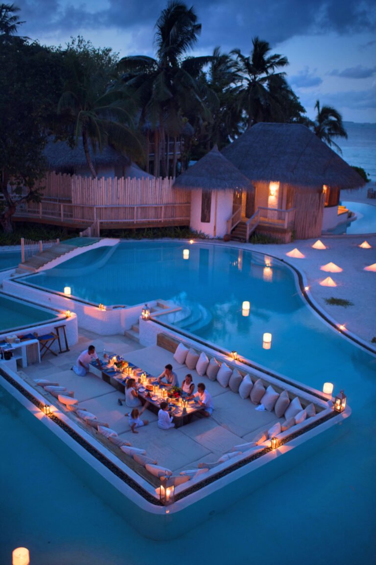 Sunken dining area at Villa 11, Soneva Fushi, photographed by Bruno Aveillan