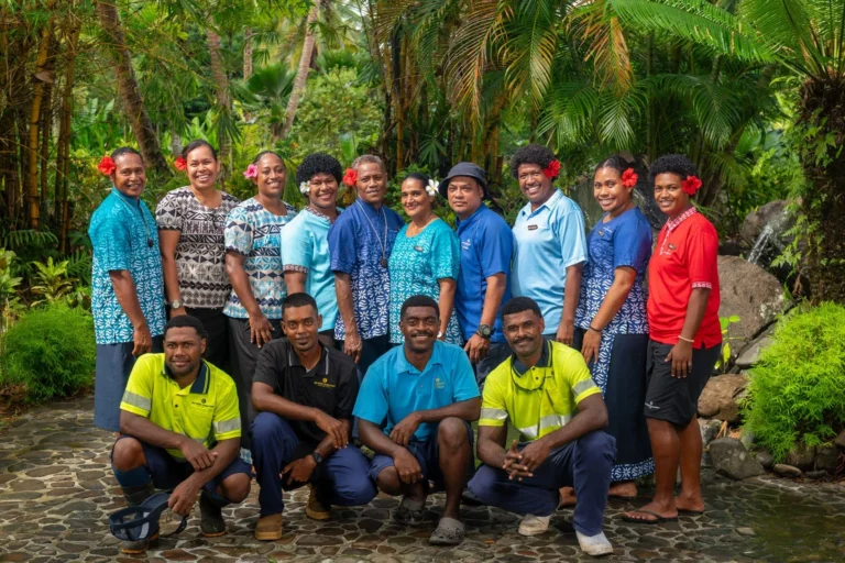 The team at Jean-Michel Cousteau Resort Fiji gathered together, representing the resort's Fijian 'Bula Spirit' hospitality