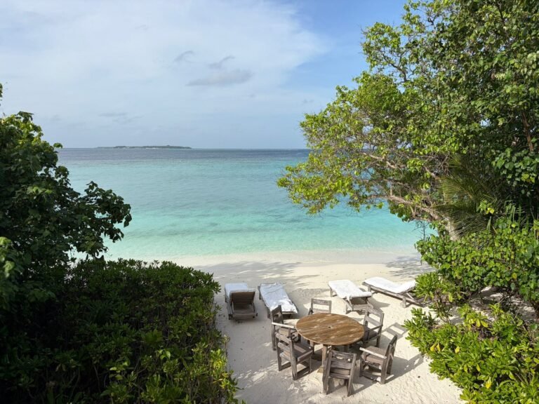 Outdoor bathroom with garden shower and tropical planting at Soneva Fushi