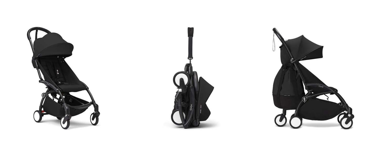 Stokke YOYO3 set up, folded compact, and ready to travel