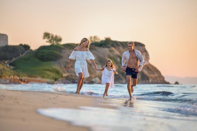 Sani Beach Resort private beach with sunbeds and pine forest, Halkidiki, Greece