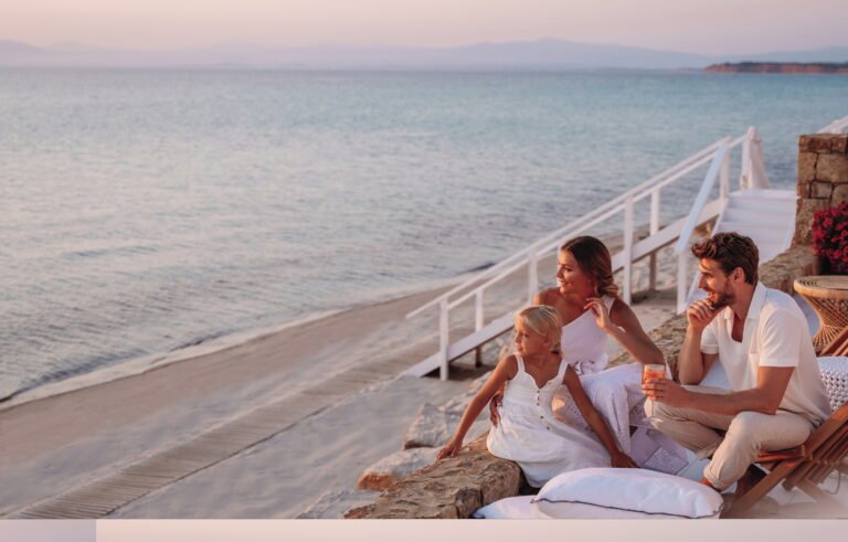 Sani Beach Resort hotel building and lush grounds, Halkidiki, Greece