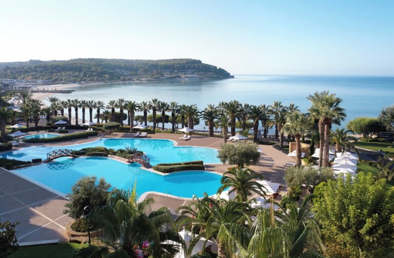 Sani Beach Resort marina with yachts and restaurants, Sani Resort