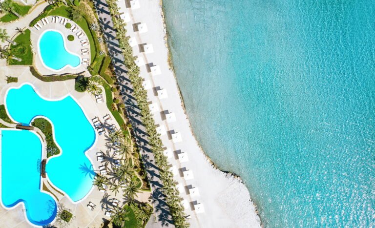 Sani Beach Resort lagoon pool and water facilities, Halkidiki, Greece