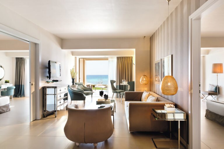 Sani Beach Resort hotel exterior and Blue Flag beach, Halkidiki