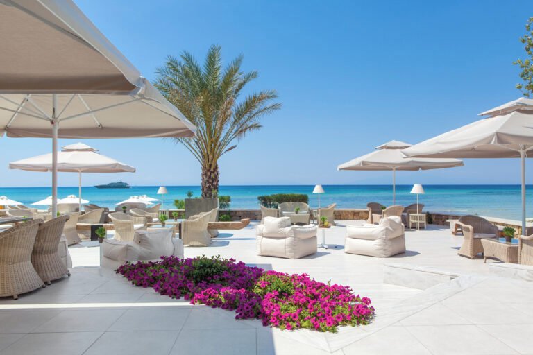 Sani Beach Resort beach and pine forest landscape, Halkidiki, Greece