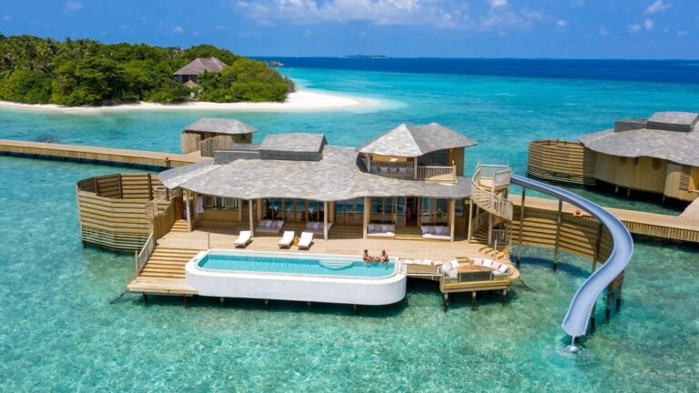 Villa interior at Soneva Fushi with natural materials and ocean view