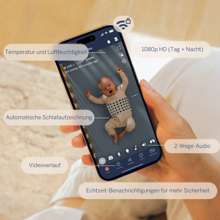 Nanit app live view on a phone showing a baby wearing the patterned Breathing Band, with 1080p HD, two-way audio and temperature/humidity callouts