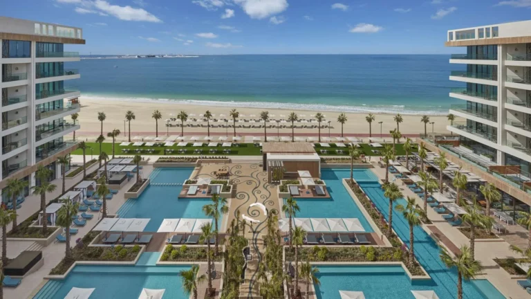 Mandarin Oriental Jumeira, Dubai viewed from the Arabian Gulf, showing the beachfront and pool decks