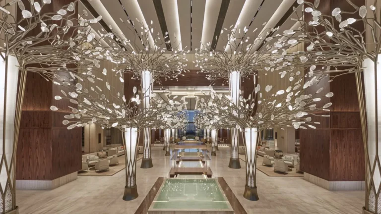 Grand lobby of Mandarin Oriental Jumeira, Dubai with contemporary interiors and natural materials