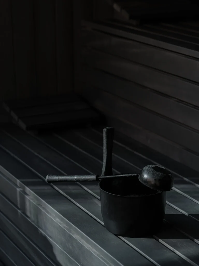 A warmly lit sauna antechamber at Sonnwies with stone benches and a bowl of water set beside birch branches, ready for an aufguss infusion ceremony.