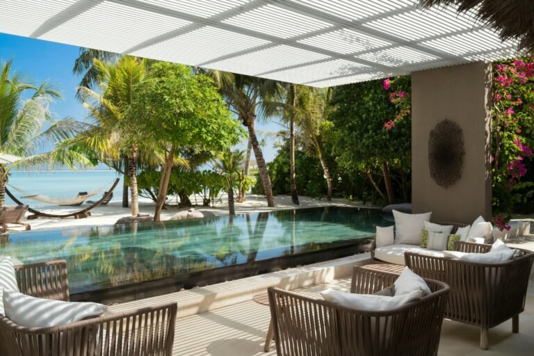 Private terrace of a one-bedroom Island Villa overlooking the beach at Cheval Blanc Randheli