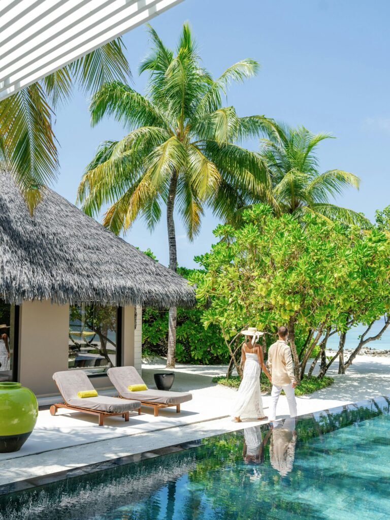 Island Villa terrace and private pool facing the lagoon at Cheval Blanc Randheli