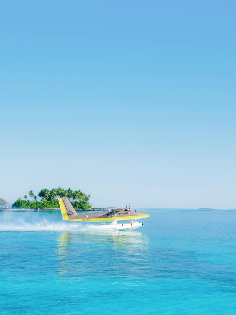 Private seaplane on the lagoon at Cheval Blanc Randheli for the transfer from Male