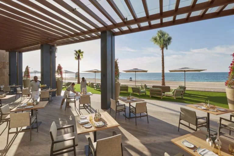 Outdoor terrace seating at The Bay restaurant, Mandarin Oriental Jumeira, Dubai