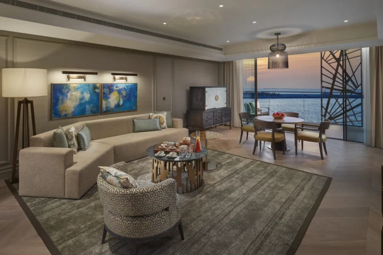 Living area of a suite with sofa seating at Mandarin Oriental Jumeira, Dubai