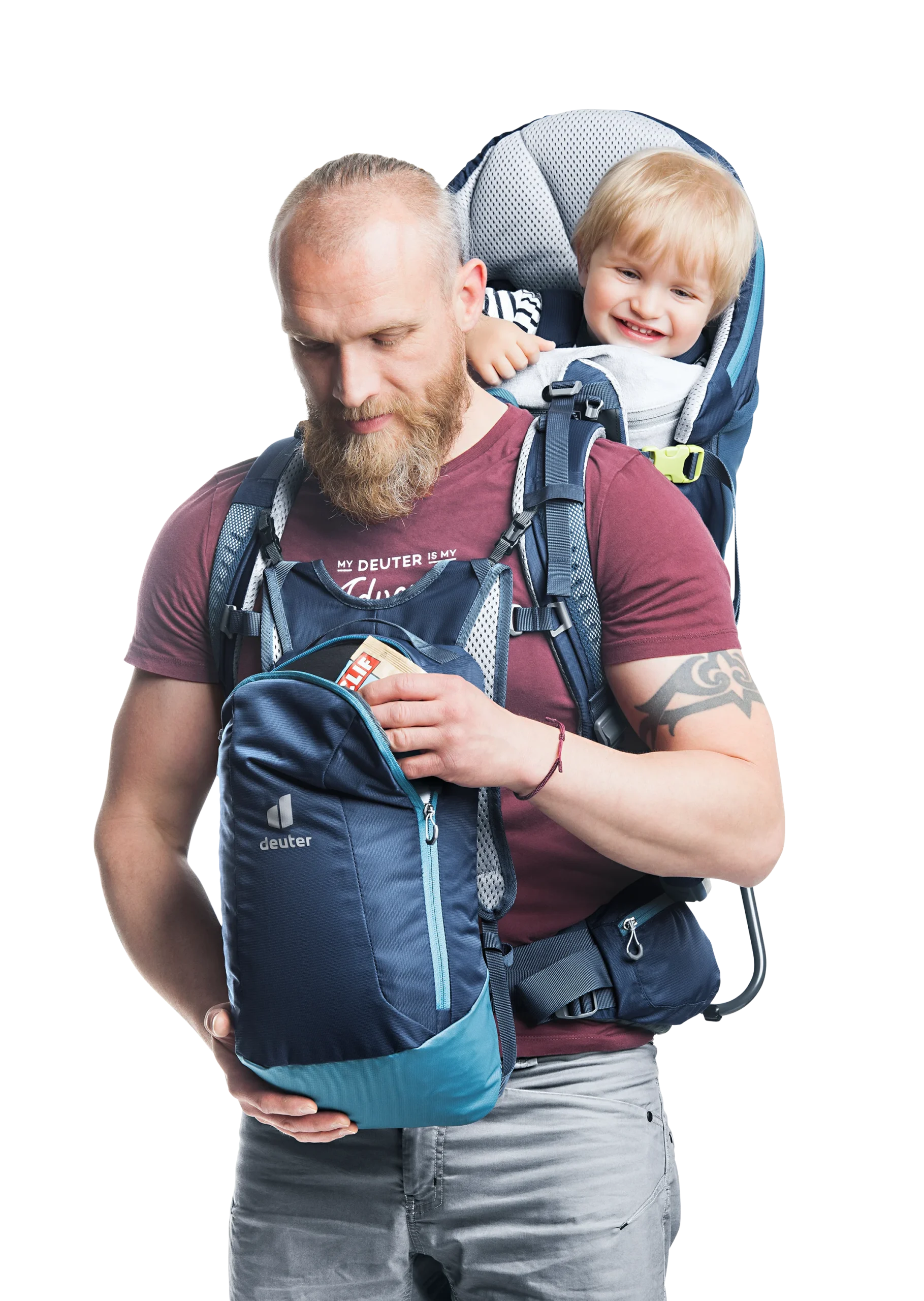 Parent hiking on a steep forest switchback with a sleeping toddler in the Deuter Kid Comfort Pro carrier