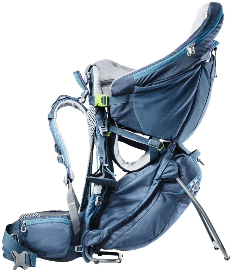 Side profile studio view of the Deuter Kid Comfort Pro child carrier in midnight blue showing the seat, harness and adjustable back system