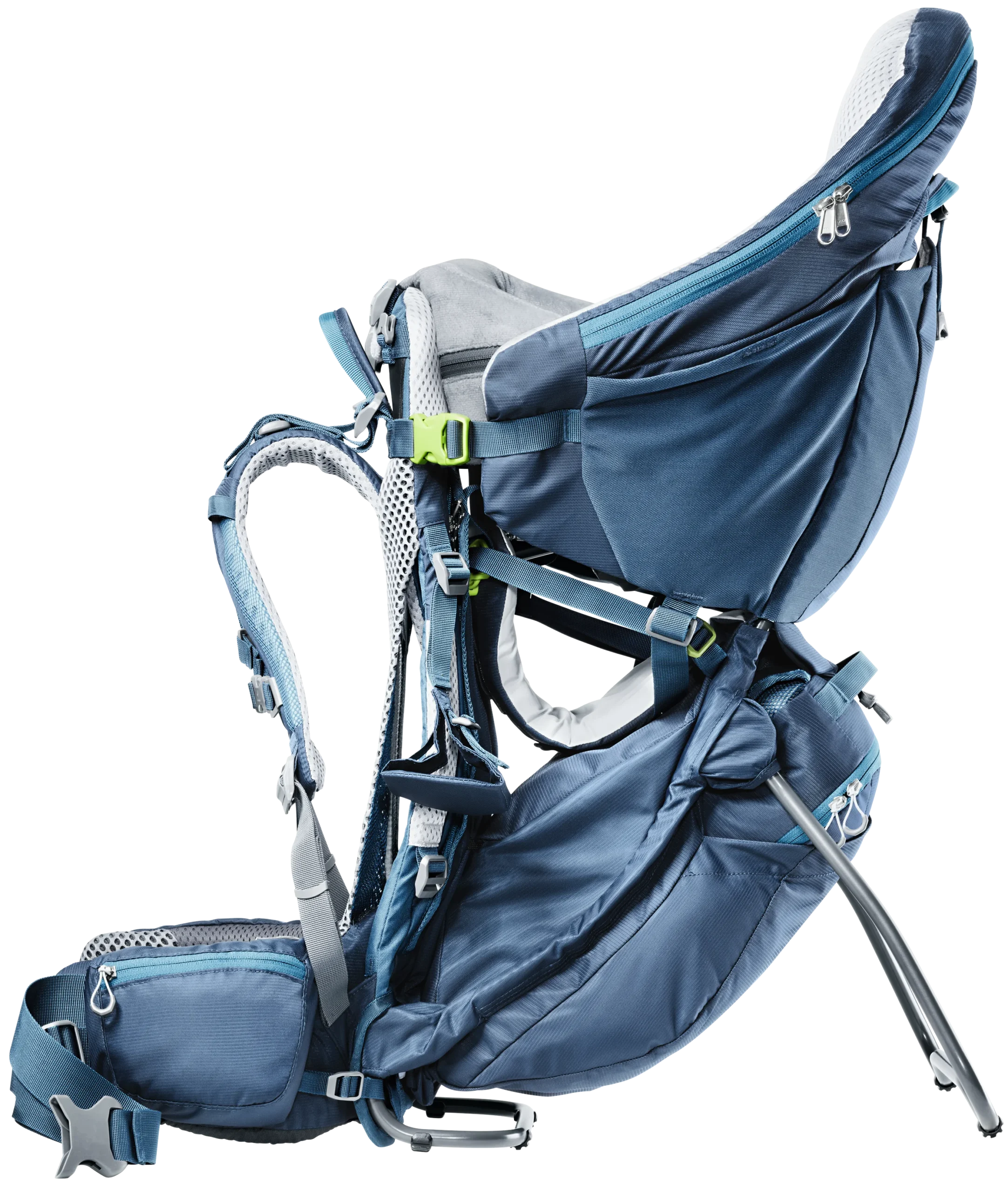 Deuter Kid Comfort Pro carrier with its integrated sun canopy deployed over a child on a mountain trail