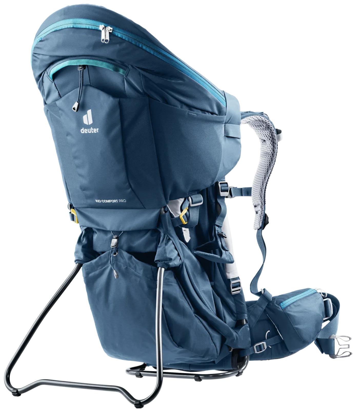 Deuter Kid Comfort Pro child carrier standing on its kickstand on a sunlit alpine hiking trail