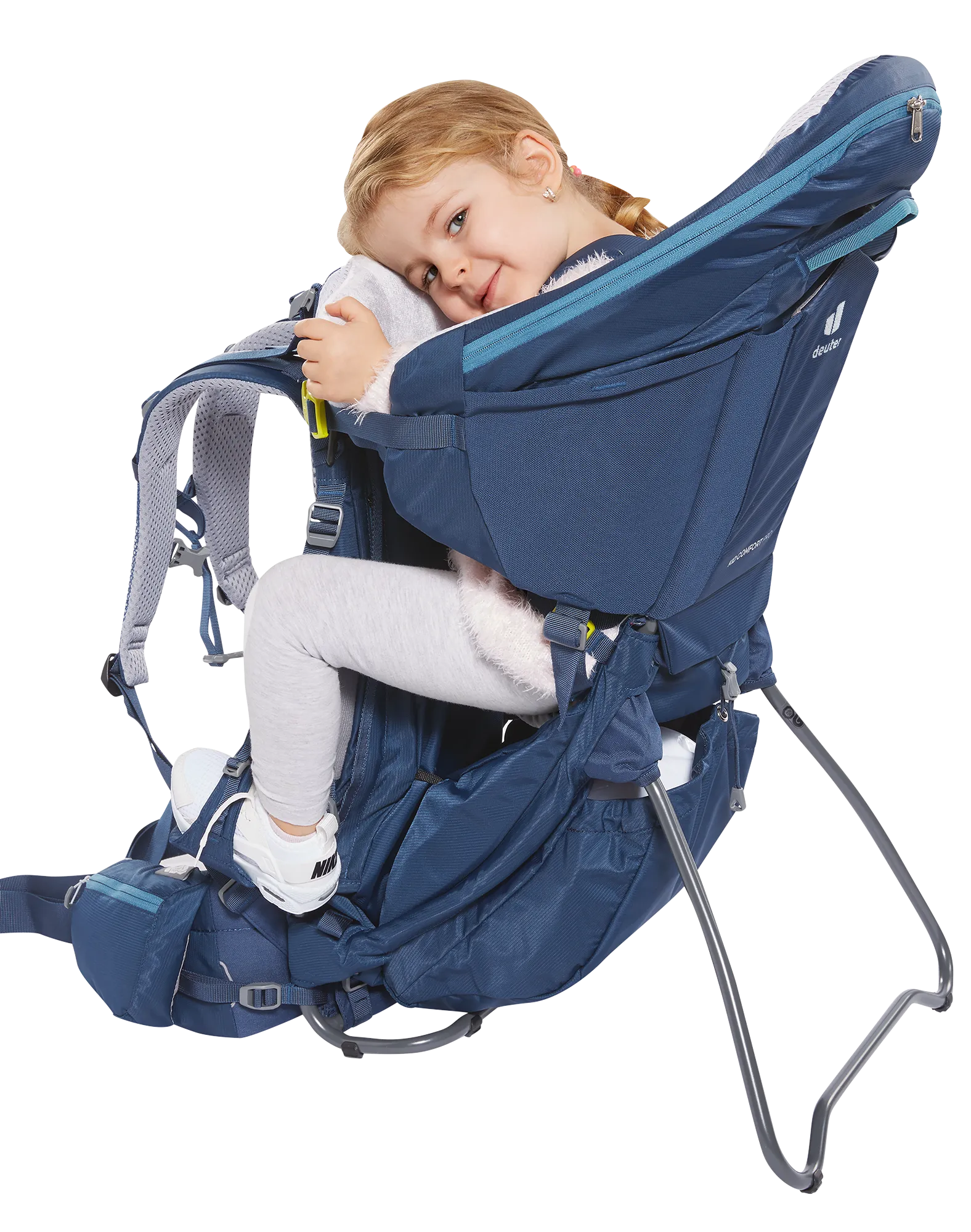 Close-up of the Deuter Kid Comfort Pro ventilated AirMesh back system and padded hip belt