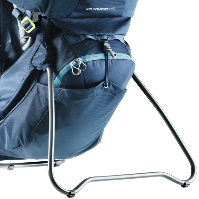 Close-up of the Deuter Kid Comfort Pro free-standing kickstand and lower zippered storage pocket