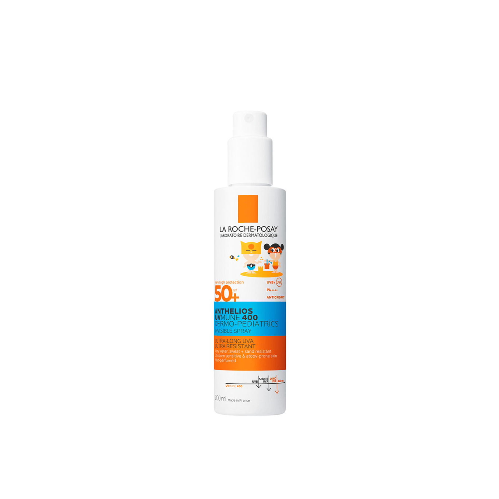 La Roche-Posay Anthelios Dermo-Pediatrics Invisible Spray SPF 50+ 200 ml children's sunscreen can on a plain white background