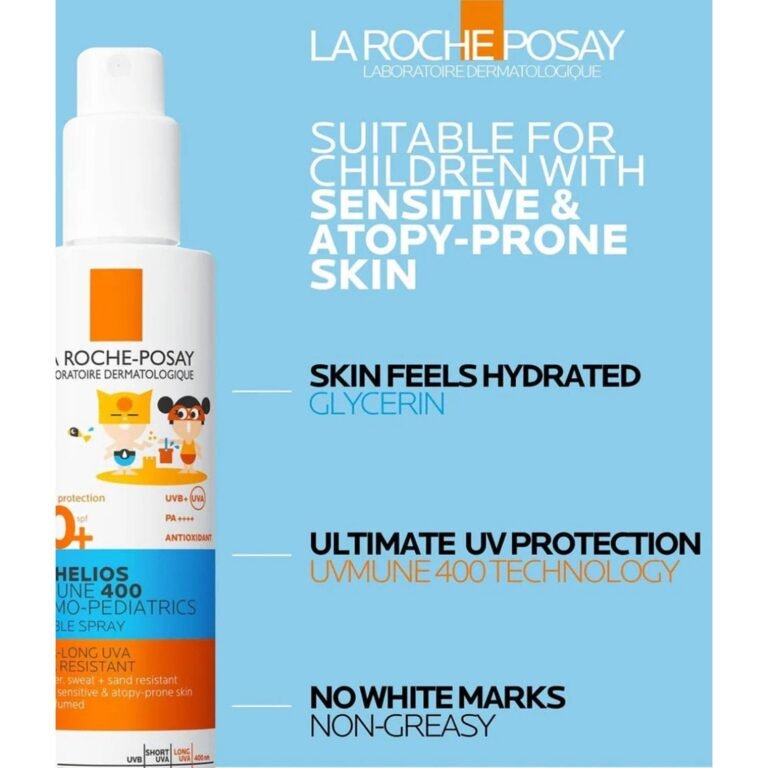 Feature panel for La Roche-Posay Anthelios Dermo-Pediatrics SPF 50+ spray: suitable for children with sensitive and atopy-prone skin, no white marks, non-greasy