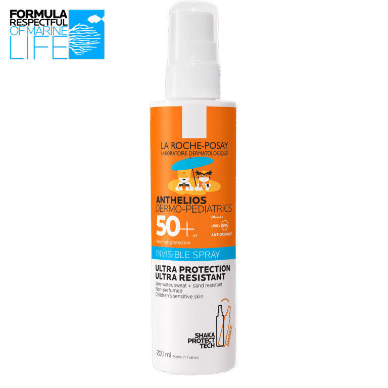 Official La Roche-Posay studio packshot of the Anthelios Dermo-Pediatrics Invisible Spray SPF 50+ 200 ml children's sunscreen can