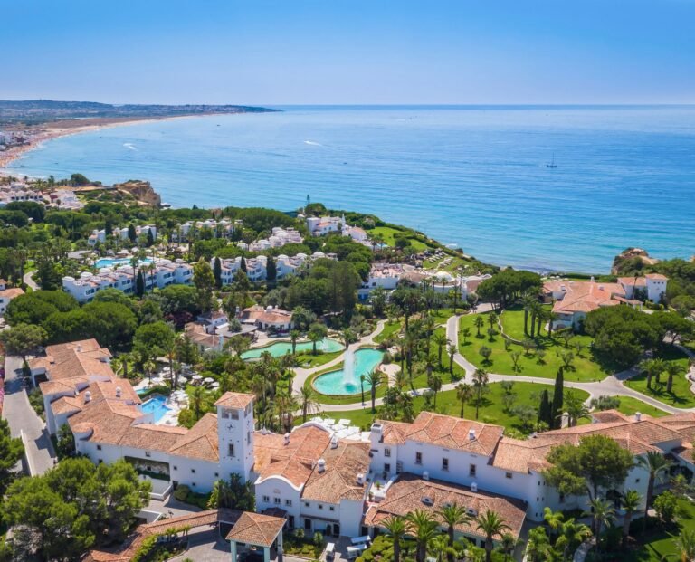 Aerial view of Vila Vita Parc resort, gardens and Atlantic coastline, Algarve