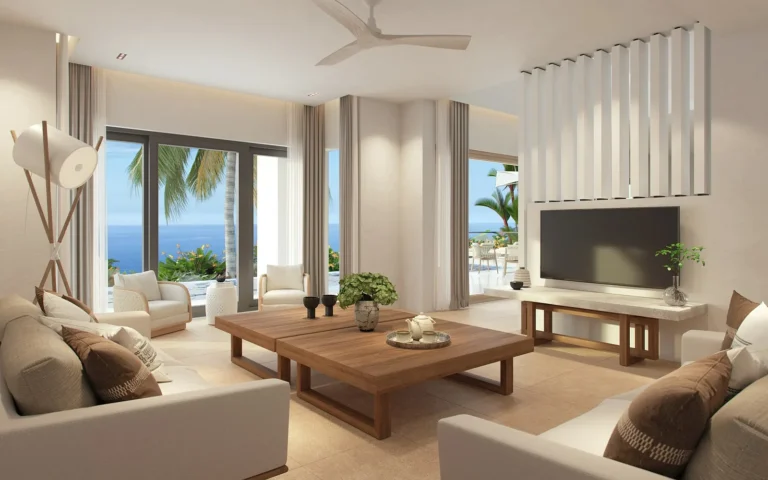Two-Bedroom Bay View Pool Villa living room at Six Senses La Sagesse