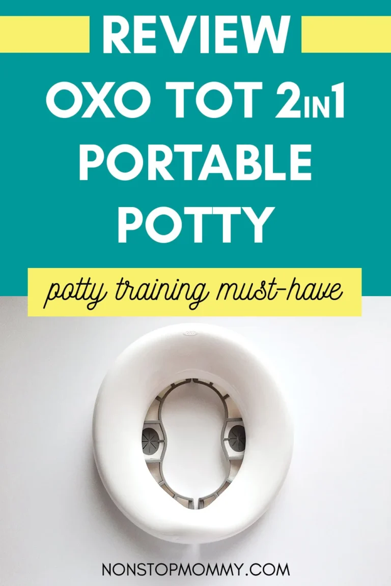OXO Tot 2-in-1 Go Travel Potty unfolded in freestanding mode with its drawstring travel bag beside it
