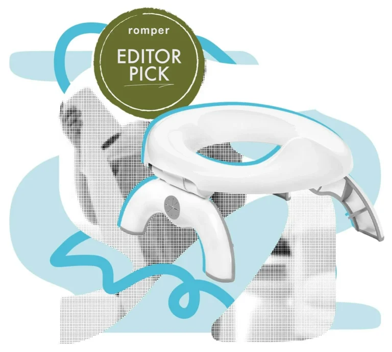 OXO Tot 2-in-1 Go Travel Potty unfolded in freestanding mode with its drawstring travel bag beside it