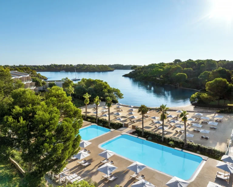 Aerial photograph showing the Beach Club, pool, resort buildings and Mediterranean cove