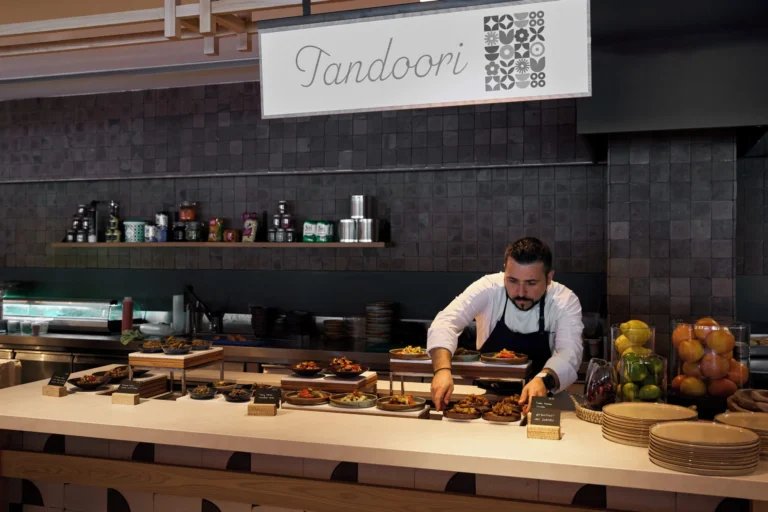 International food stations and buffet presentation at The Market