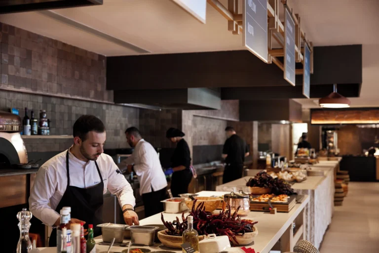 Dining stations and contemporary restaurant interior at The Market