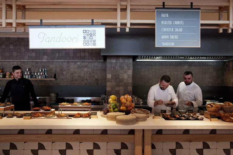 Modern restaurant space at The Market, Ikos Porto Petro