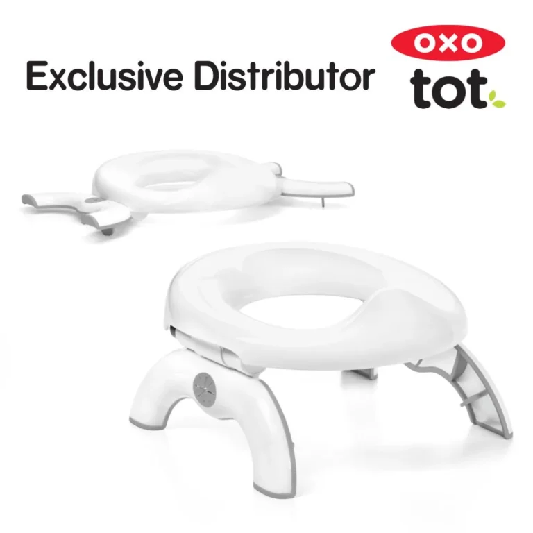 OXO Tot 2-in-1 Go Travel Potty unfolded in freestanding mode with its drawstring travel bag beside it