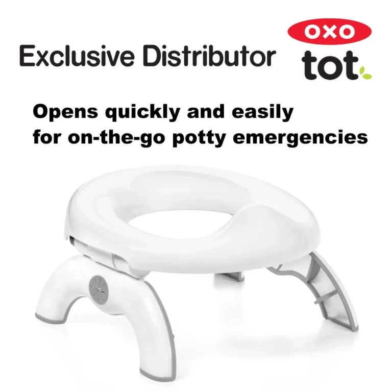 OXO Tot 2-in-1 Go Travel Potty unfolded in freestanding mode with its drawstring travel bag beside it