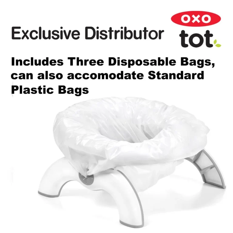 OXO Tot 2-in-1 Go Travel Potty unfolded in freestanding mode with its drawstring travel bag beside it