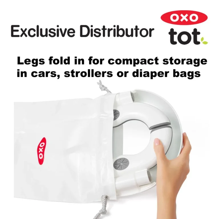 OXO Tot 2-in-1 Go Travel Potty unfolded in freestanding mode with its drawstring travel bag beside it