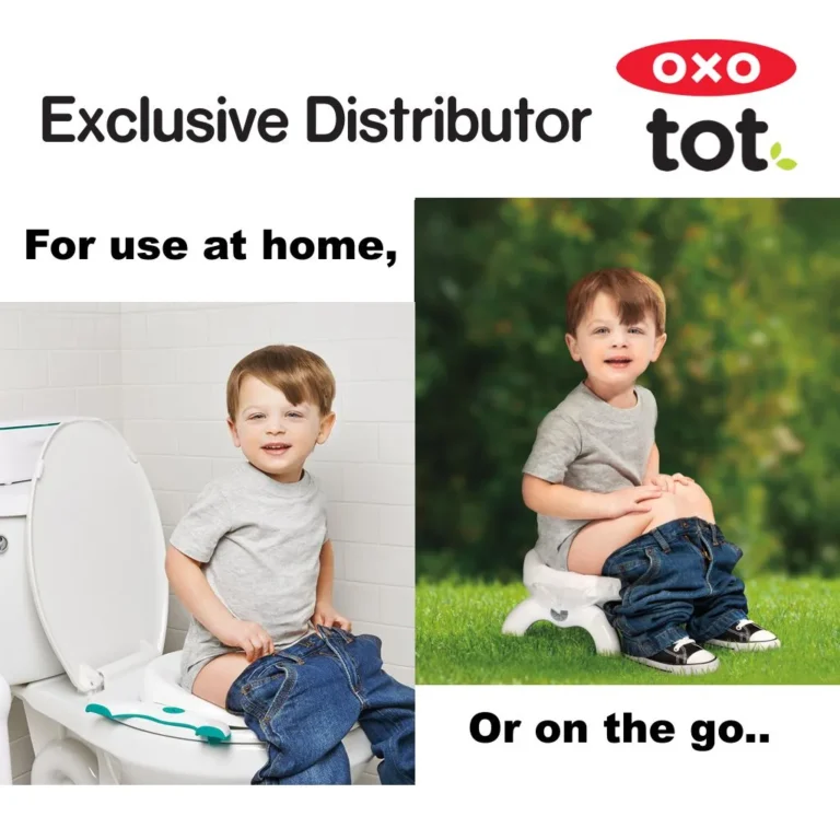 OXO Tot 2-in-1 Go Travel Potty unfolded in freestanding mode with its drawstring travel bag beside it