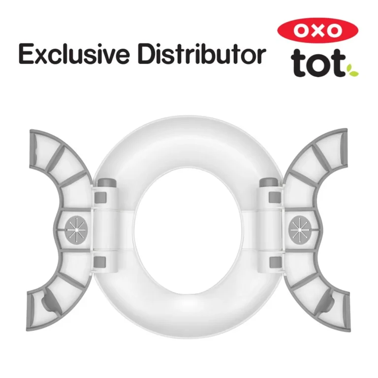 OXO Tot 2-in-1 Go Travel Potty unfolded in freestanding mode with its drawstring travel bag beside it