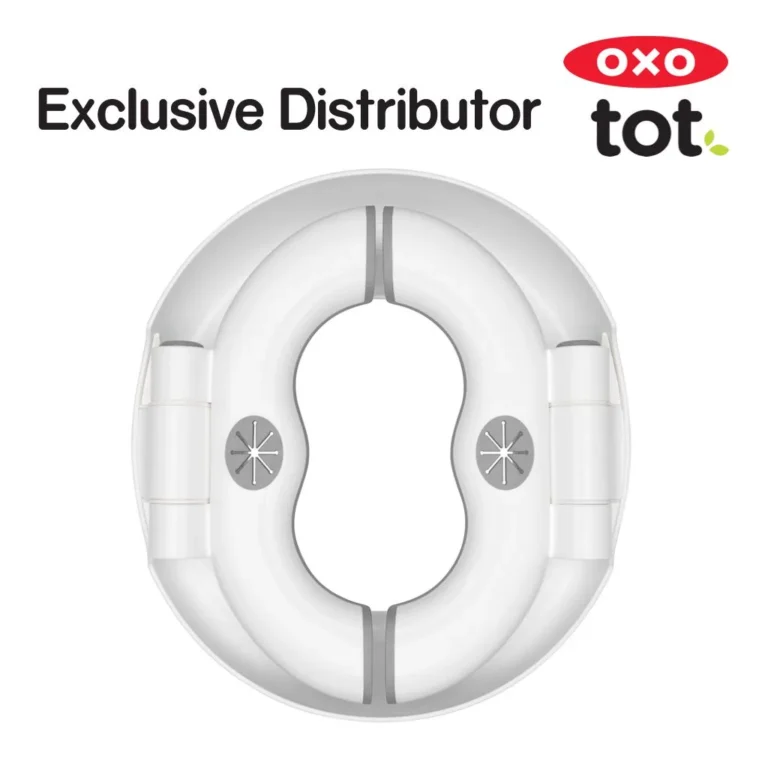 OXO Tot 2-in-1 Go Travel Potty unfolded in freestanding mode with its drawstring travel bag beside it